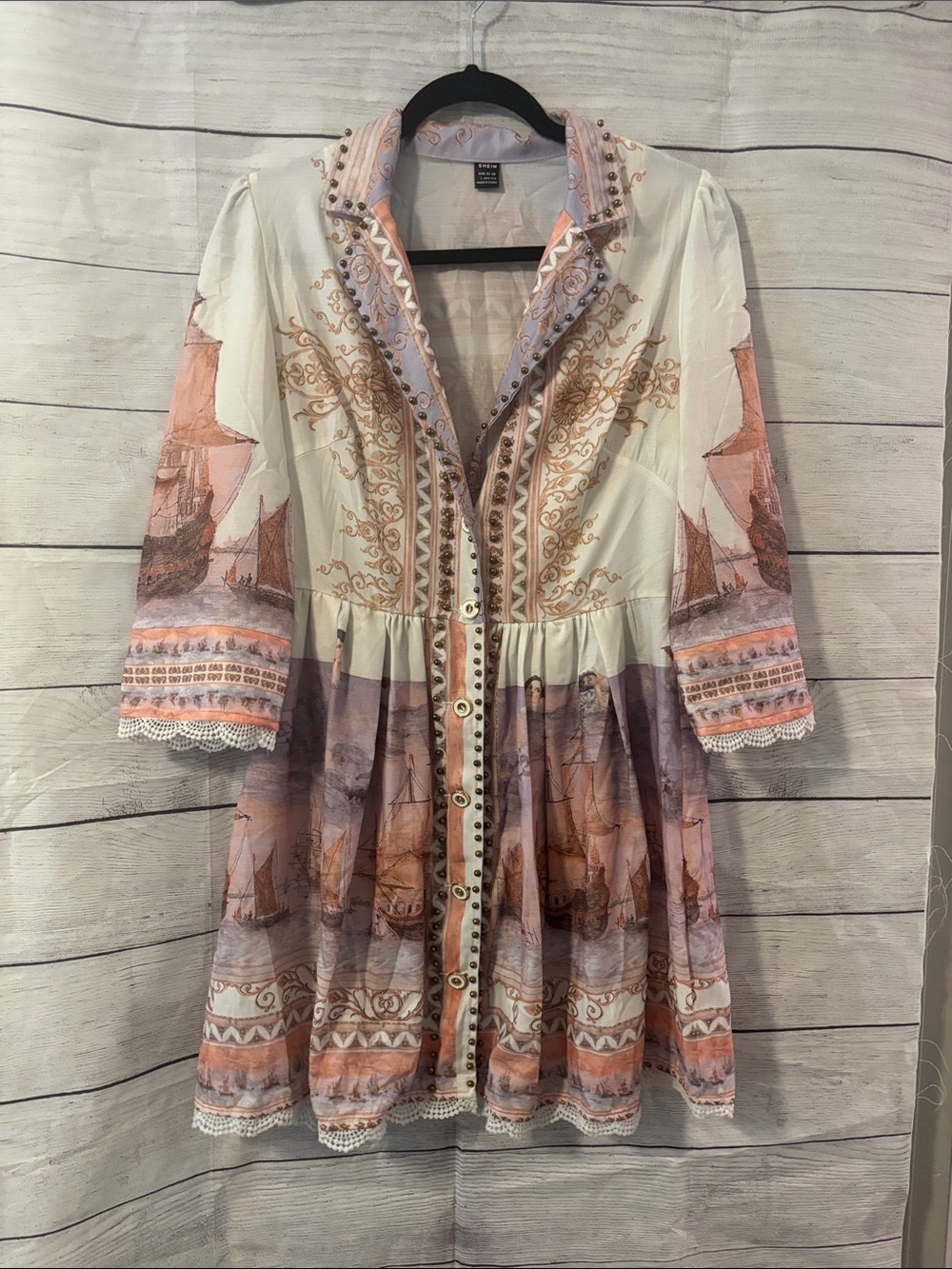 SHEIN White Dress with Peach and Lavender Scenic Print